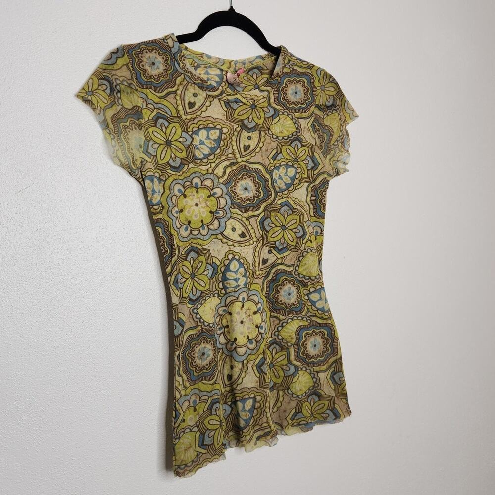 y2k Micromesh Baby Tee Shirt Floral Hippie Boho Western Fairy Grunge Shirt - Picture 2 of 6